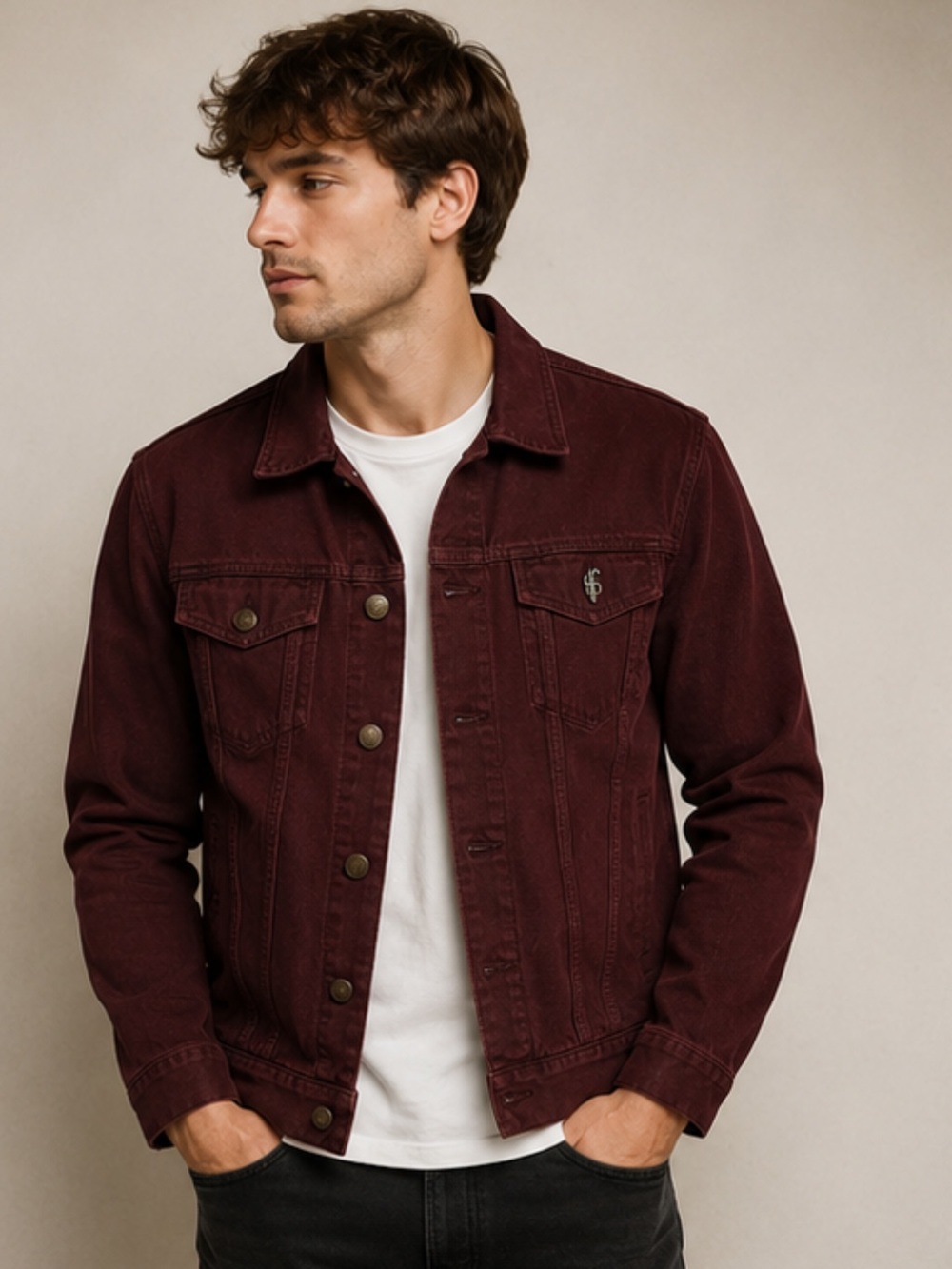 Father & Sons Burgundy Denim Jean Jacket Trucker Style Size M